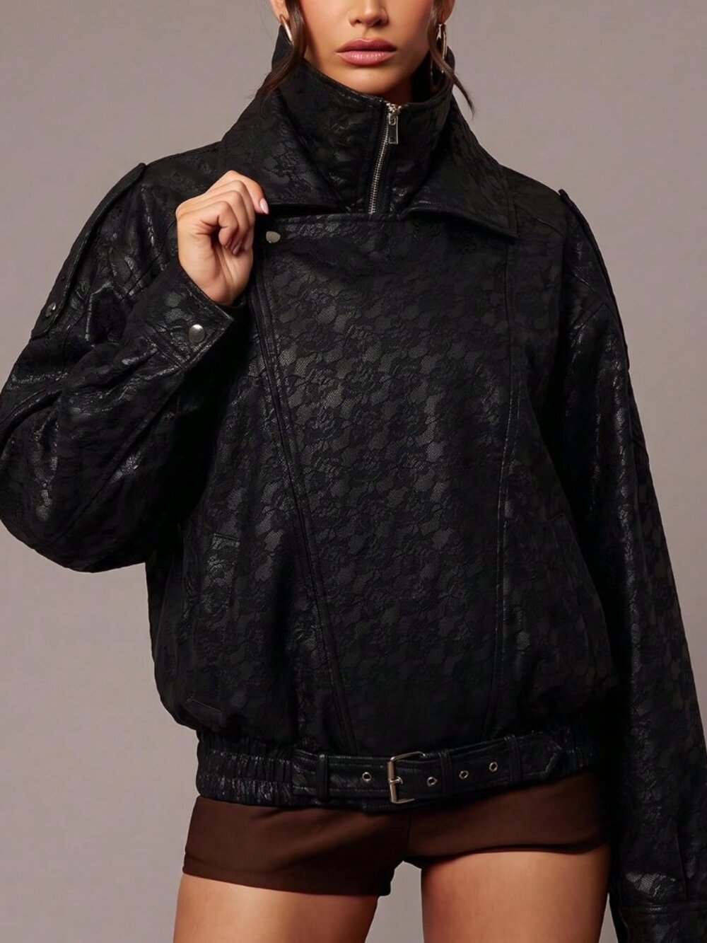 Brown Casual Women's Plants Fuzzy Lined Zip-Up Jacket